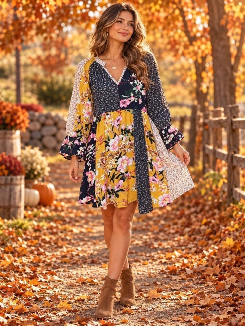 Umgee Patchwork Floral Mini Dress S Boho Babydoll Empire Waist Kimono Sleeve EUC